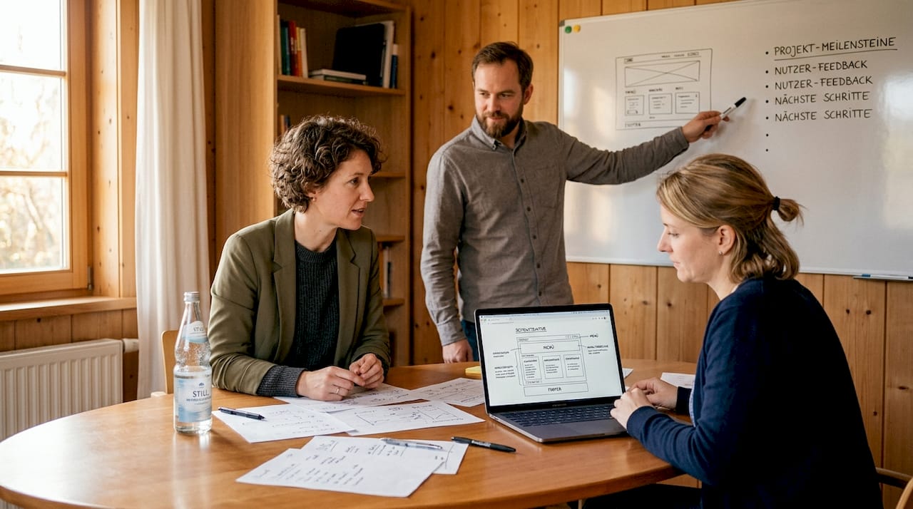 Ein Team sitzt gemeinsam am Tisch und entwickelt eine Strategie für SEO-Themencluster.