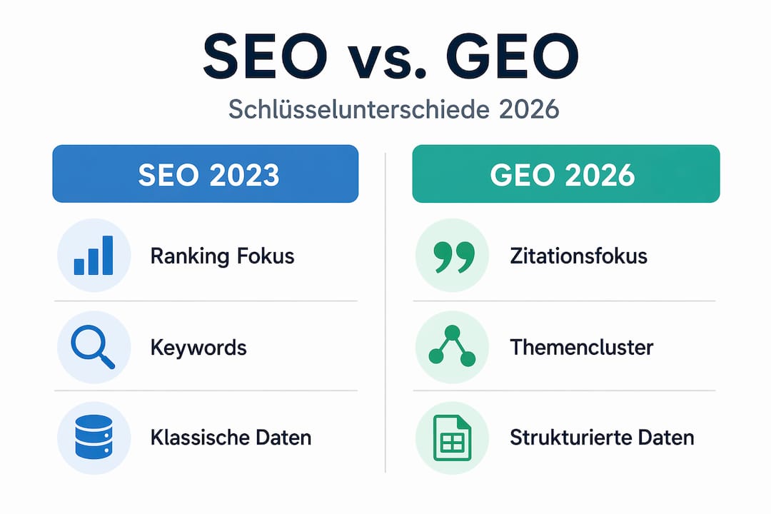 Infografik: SEO vs. GEO – Die wichtigsten Unterschiede 2026 auf einen Blick
