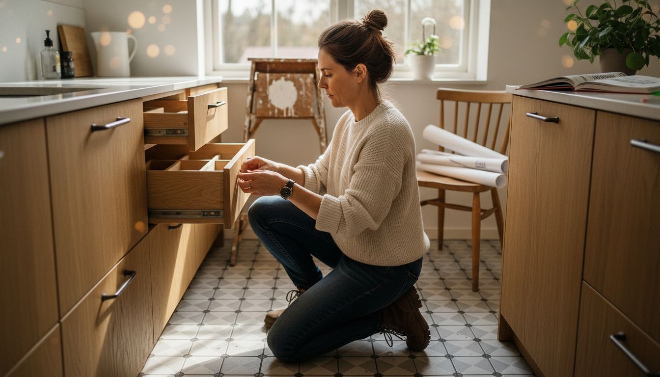 Inredaren finjusterar smarta förvaringslösningar i det specialdesignade köket.
