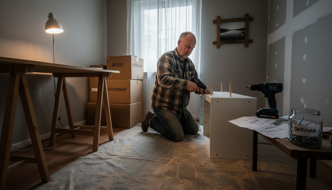 En man som snickrar egna kontorsmöbler