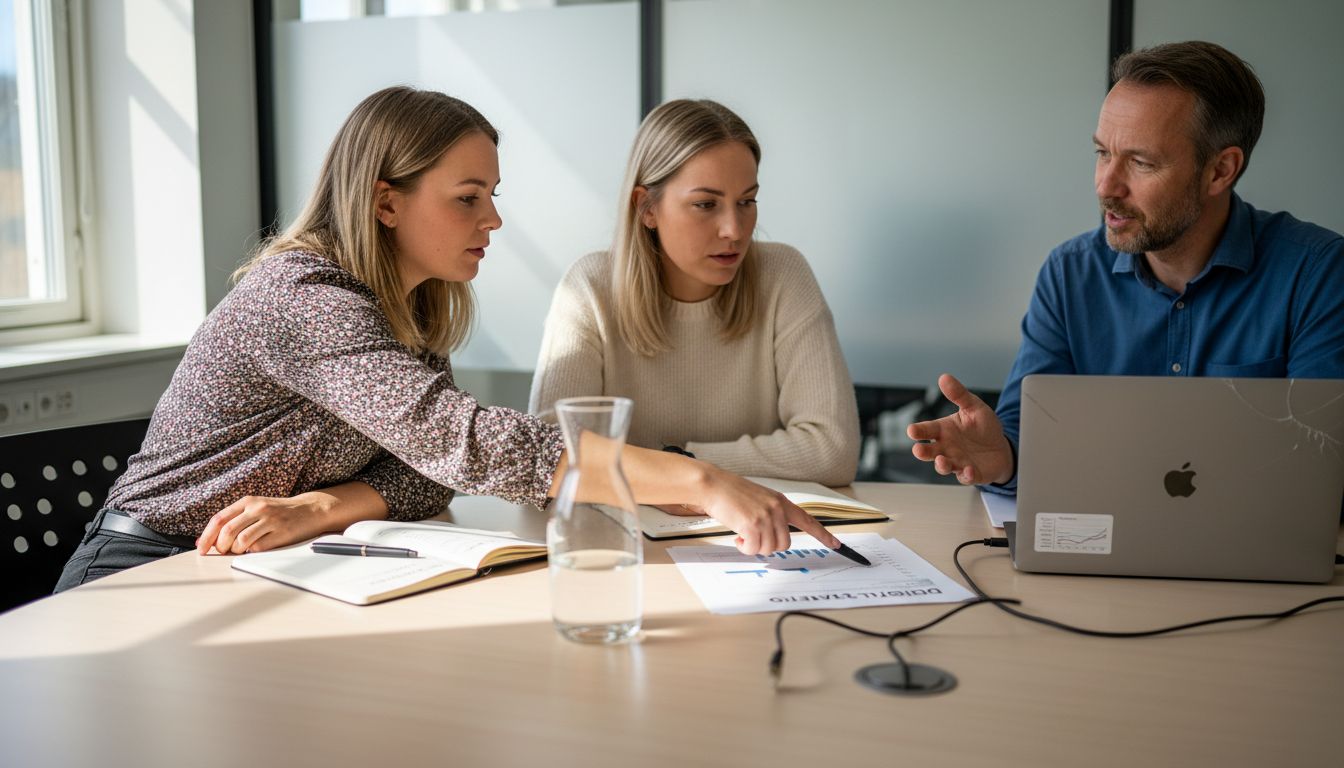 Ett team som samarbetar kring utskrivna dokument för den digitala strategin
