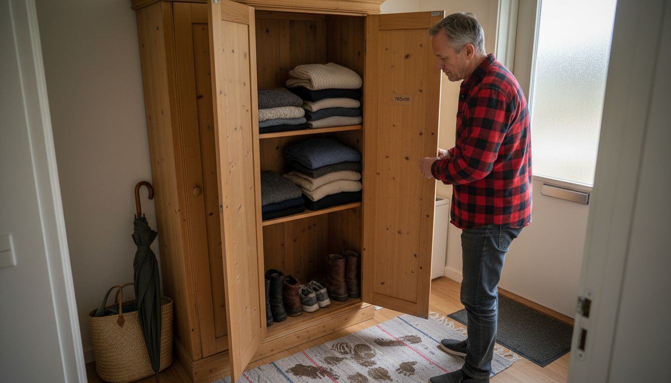En man öppnar en klassisk garderob med dörrar i hallen.