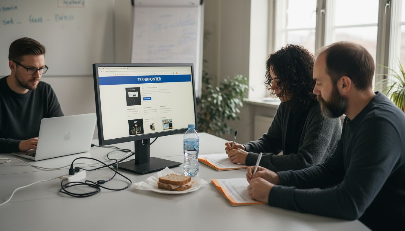 Ett team testar webbplatsens användarvänlighet tillsammans i ett mötesrum.