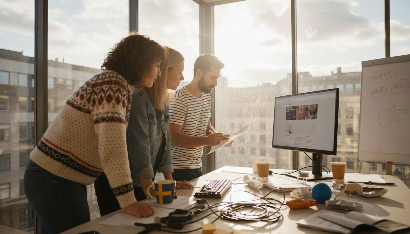 Ett team sitter tillsammans på kontoret och diskuterar olika förslag på webbdesign.