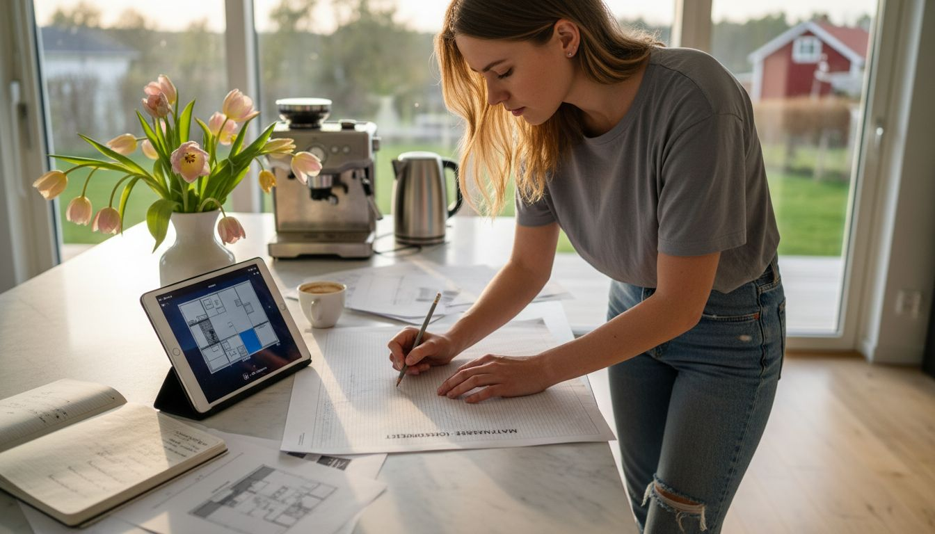 Kvinna ritar upp exklusiva förvaringslösningar