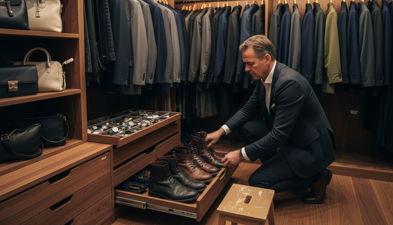 En man planerar och organiserar en skräddarsydd garderobslösning för att få bättre ordning bland kläder och tillbehör.