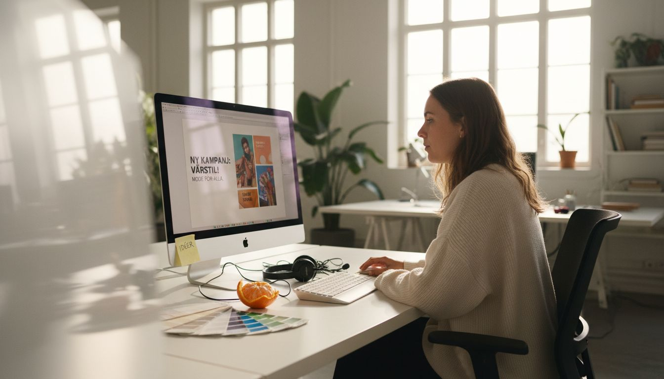 En designer sitter vid sitt skrivbord och tar fram material till en kampanj.