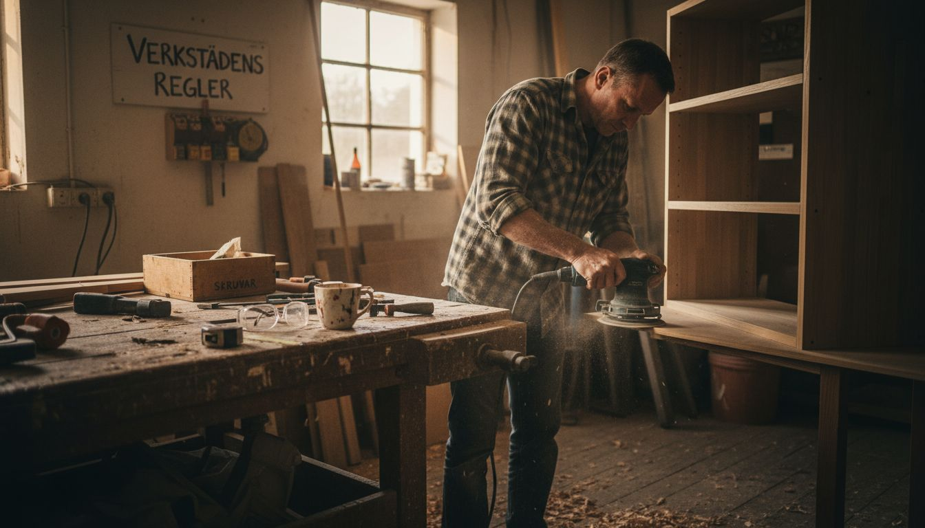 En hantverkare finslipar specialtillverkade trähyllor i sin verkstad.