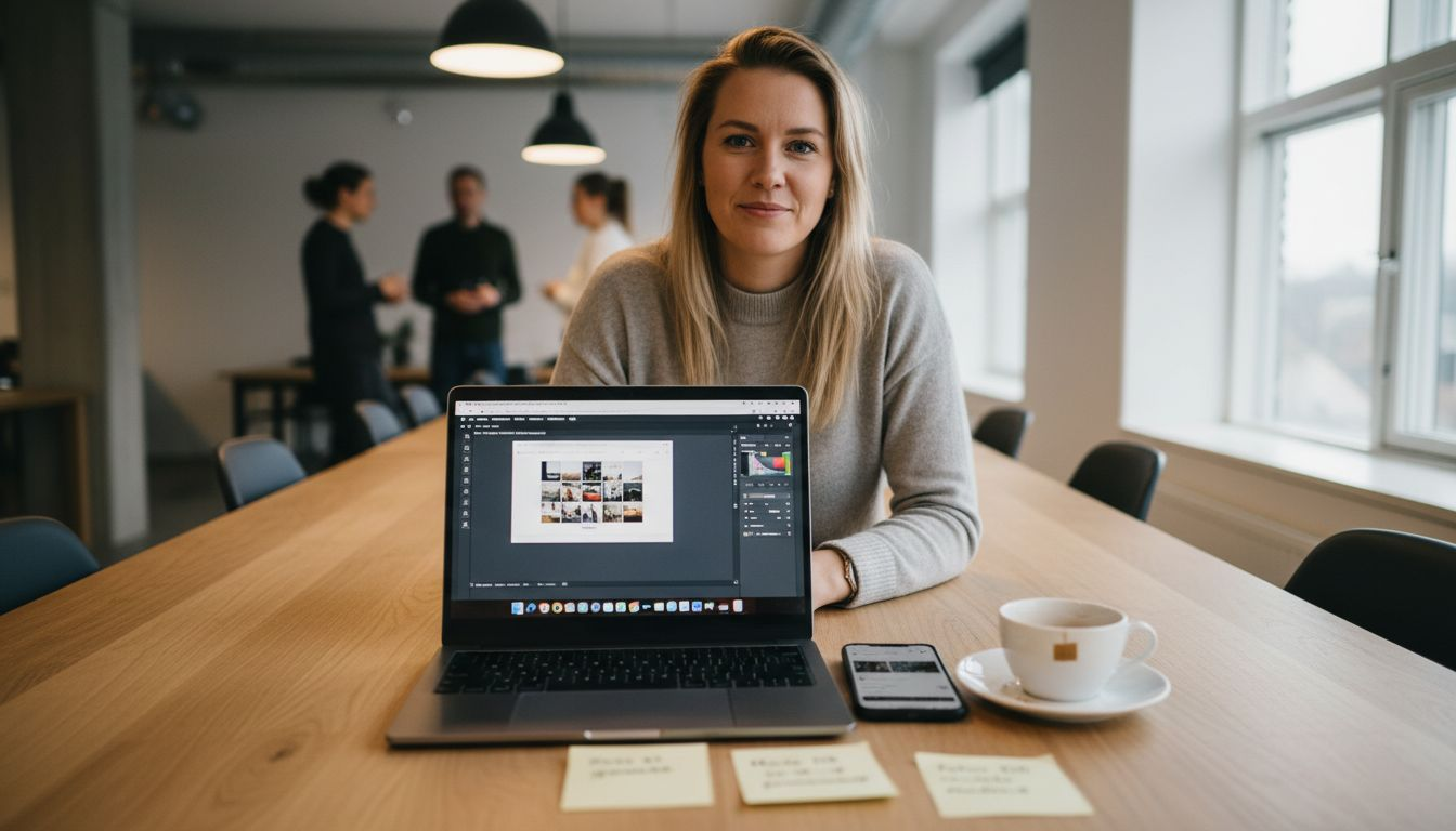 En kvinna sitter och planerar vad som ska publiceras på sociala medier.