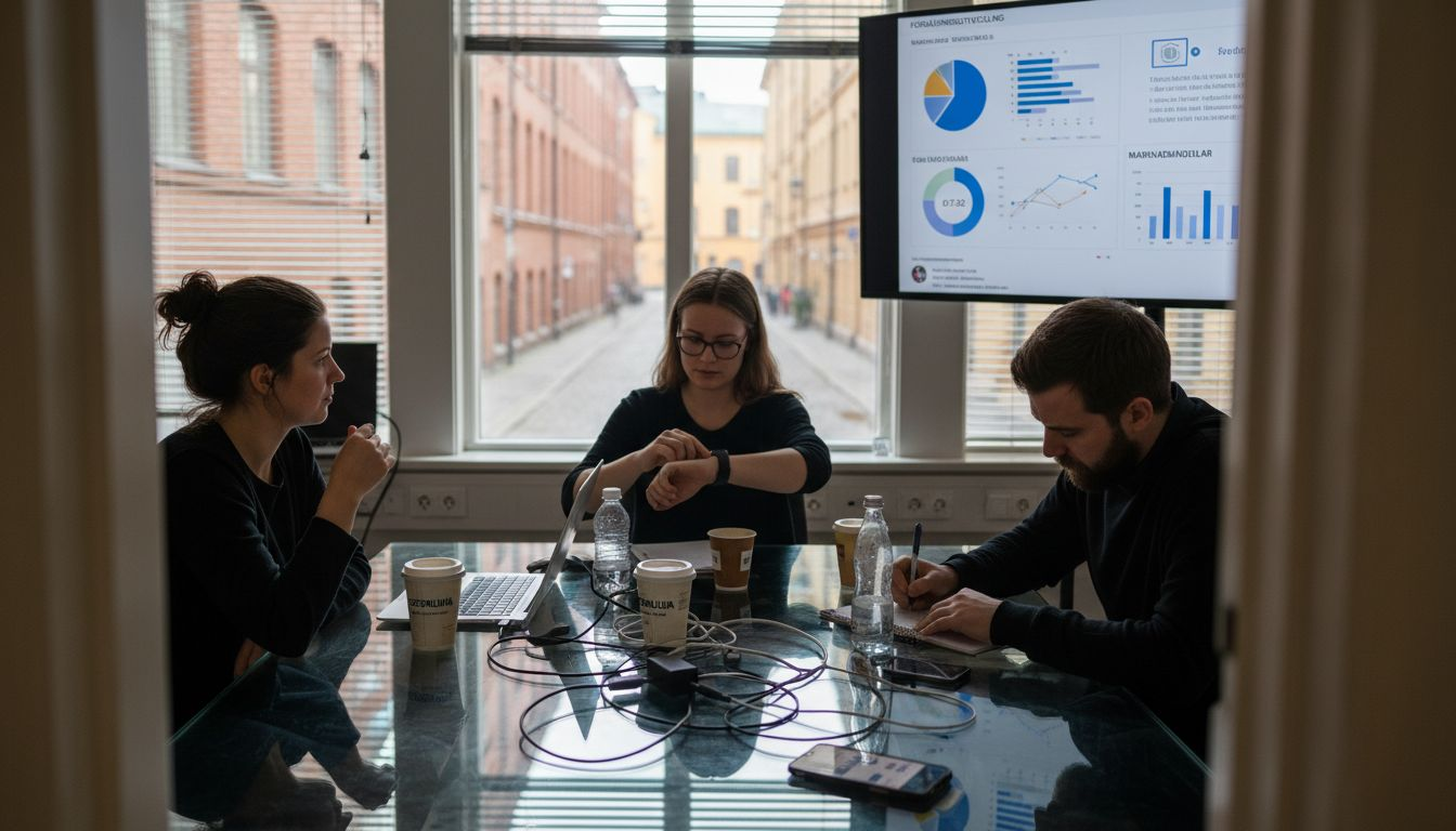 Teamet samlas för att gå igenom och diskutera marknadsrapporter tillsammans.