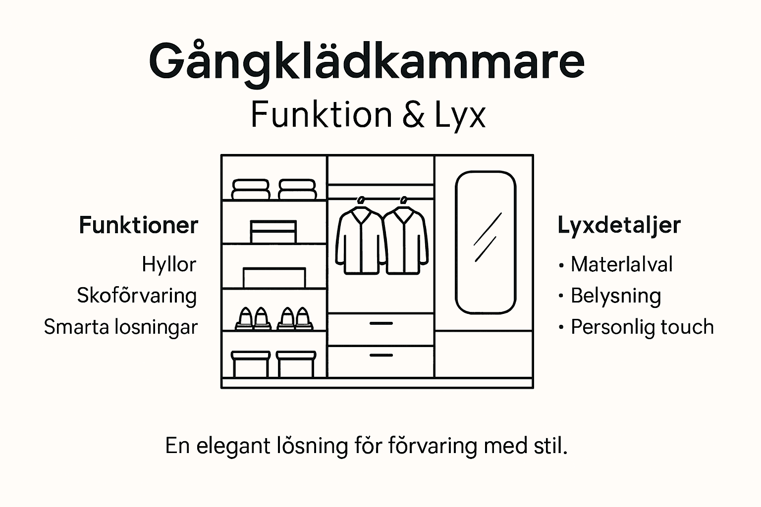 Grafisk översikt som visar garderobens lyxiga känsla och smarta funktioner