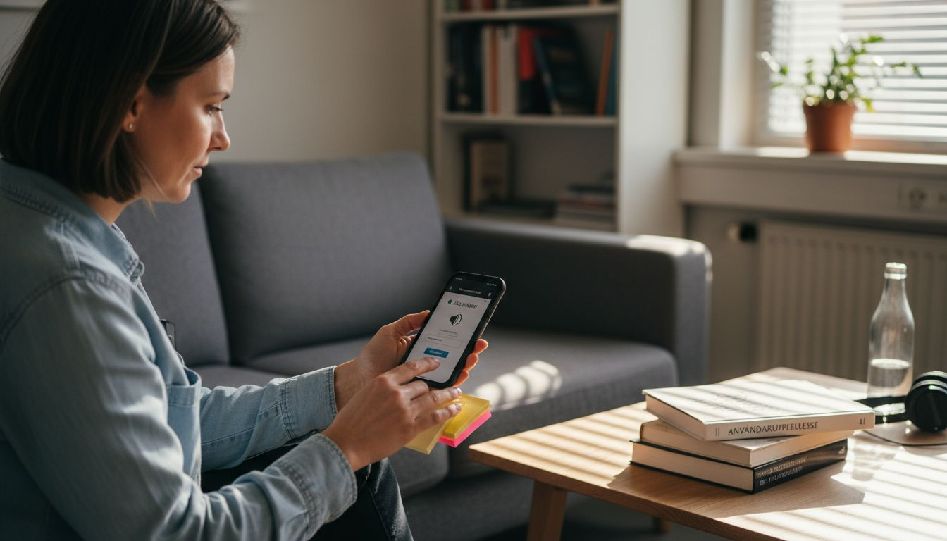 Kvinna sitter i soffan och testar tillgängligheten på en mobil hemsida