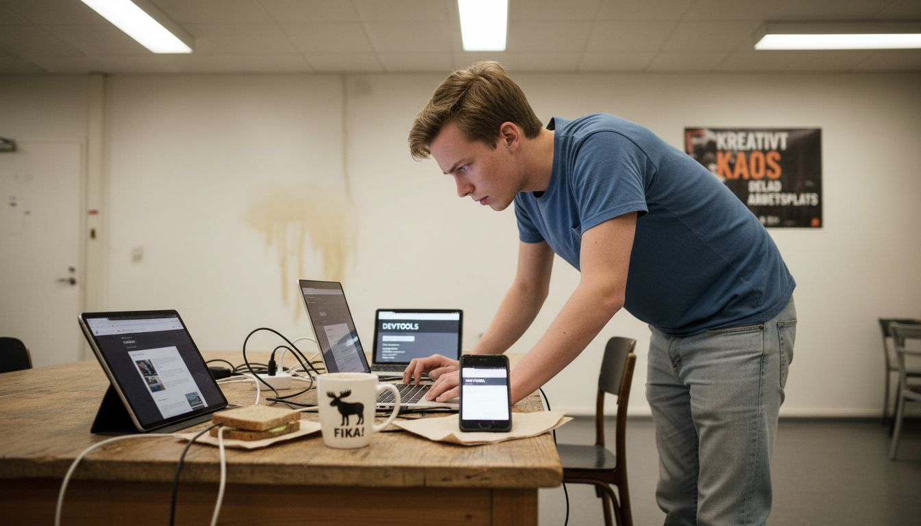 Utvecklaren testar webbplatsen på olika enheter för att säkerställa att allt fungerar som det ska.