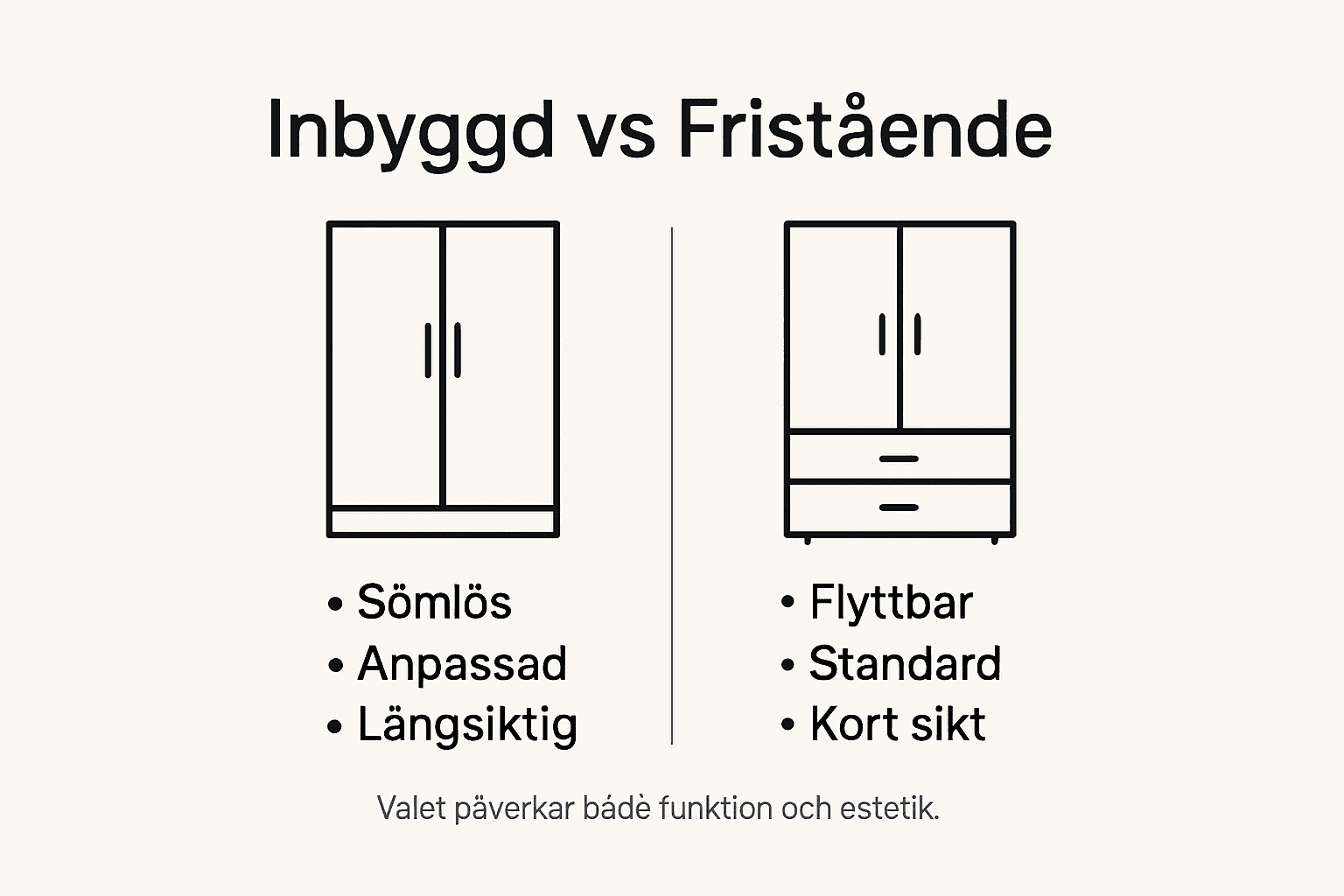 En guide i form av en infograf visar för- och nackdelar med platsbyggda garderober jämfört med fristående alternativ.