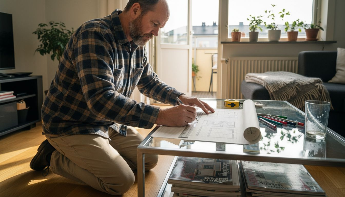 En man sitter och skissar på en skräddarsydd garderobslösning.
