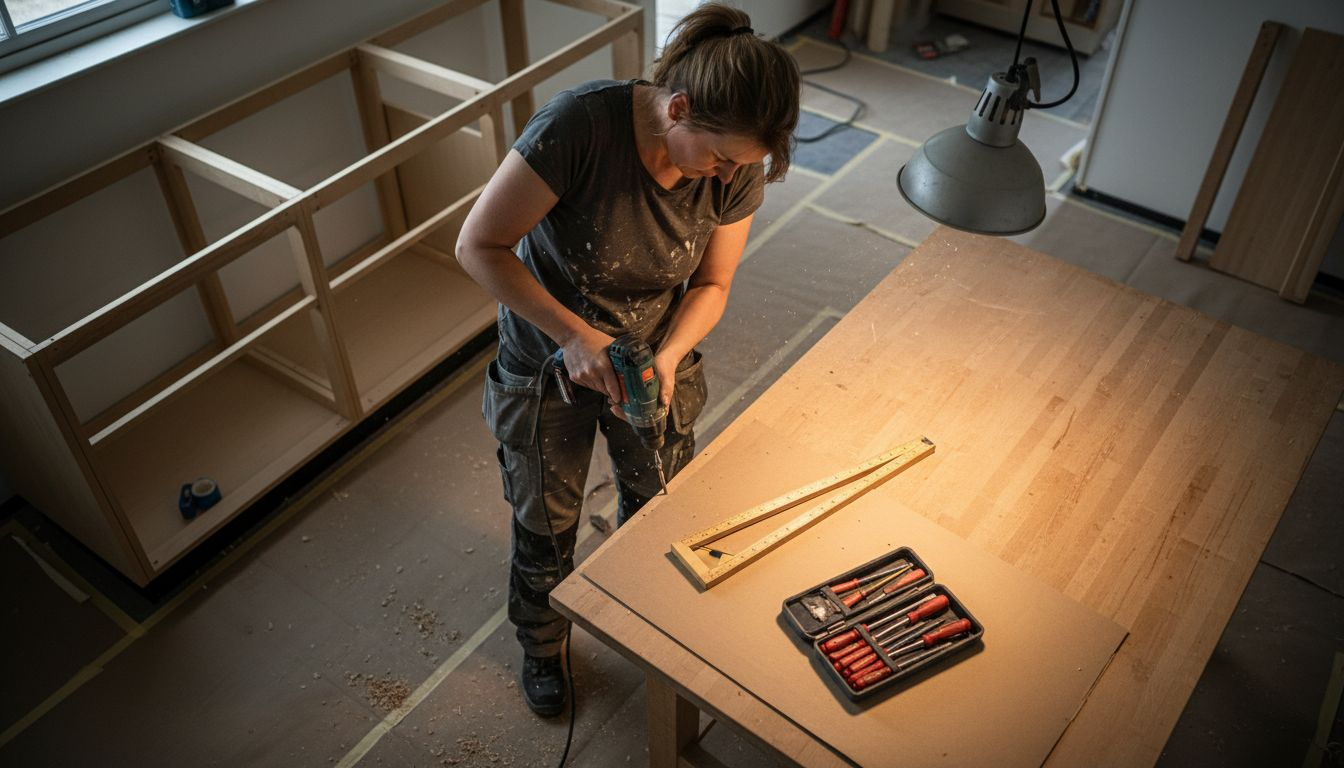 Just nu är hantverkarna igång och fixar köket under pågående renovering.