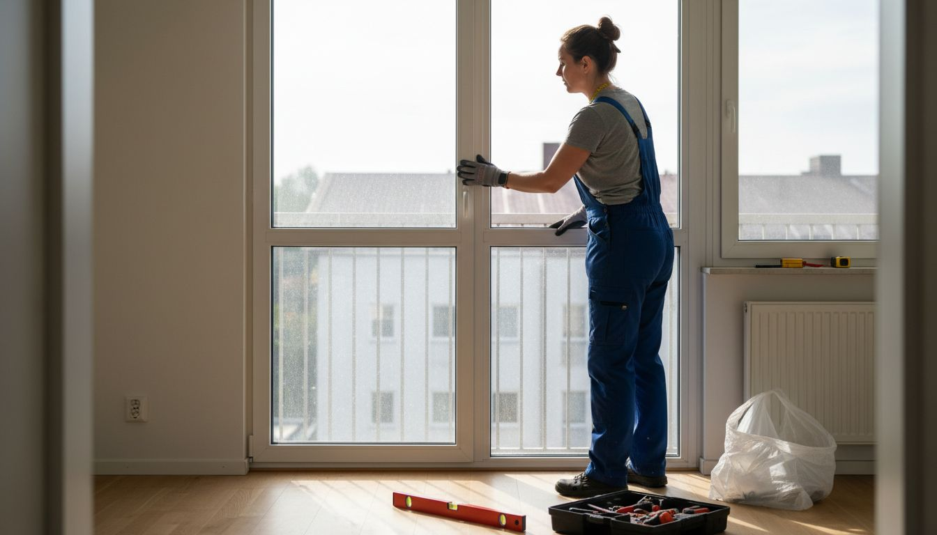 En fackman sätter in nya isolerfönster i lägenheten.