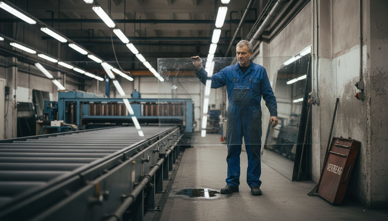 På fabriken arbetar personalen med att hantera och bearbeta glas.