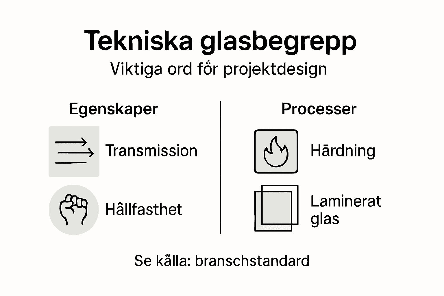Illustration som förklarar viktiga tekniska termer om glas