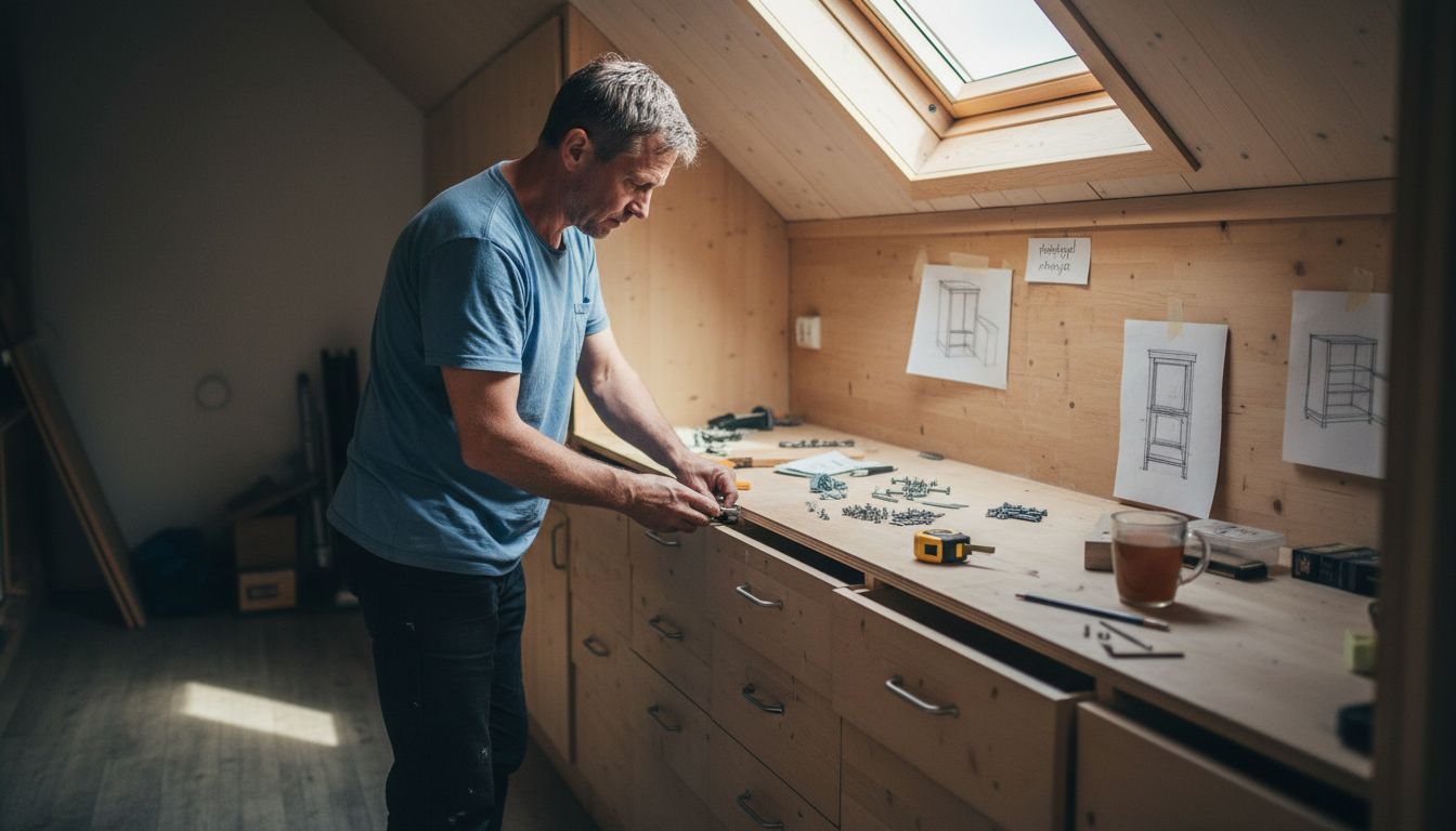 En man monterar ett platsbyggt förvaringsutrymme på vinden.