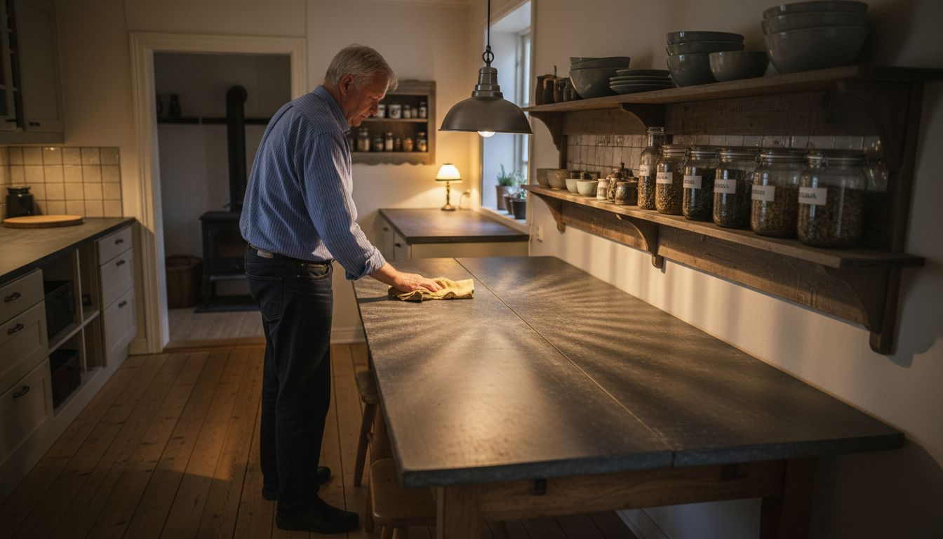 Man gör rent i sitt klassiskt platsbyggda kök