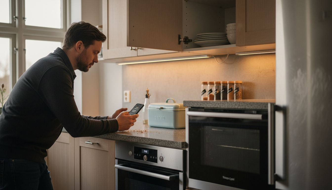 En man står vid köksbänken och använder smarta köksprylar.