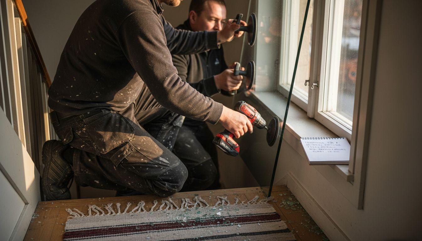 En glasmästare sätter in nya glasrutor i trapphuset.