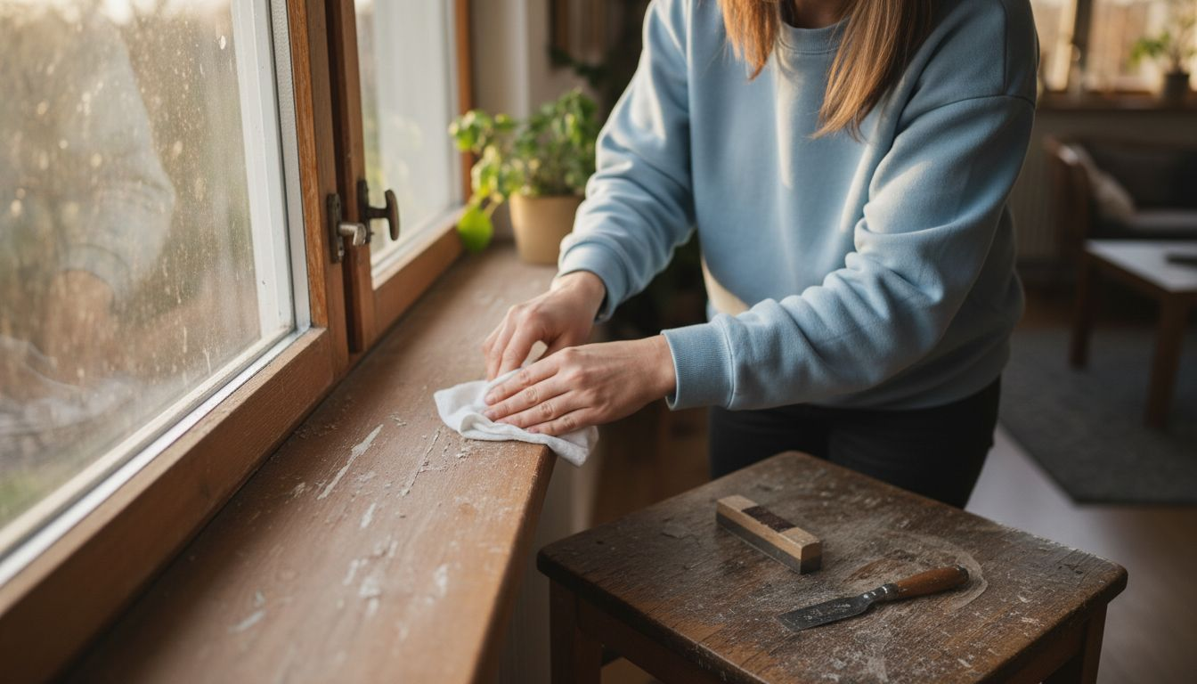 Innan det nya glaset sätts in passar kvinnan på att göra rent runt fönstret.