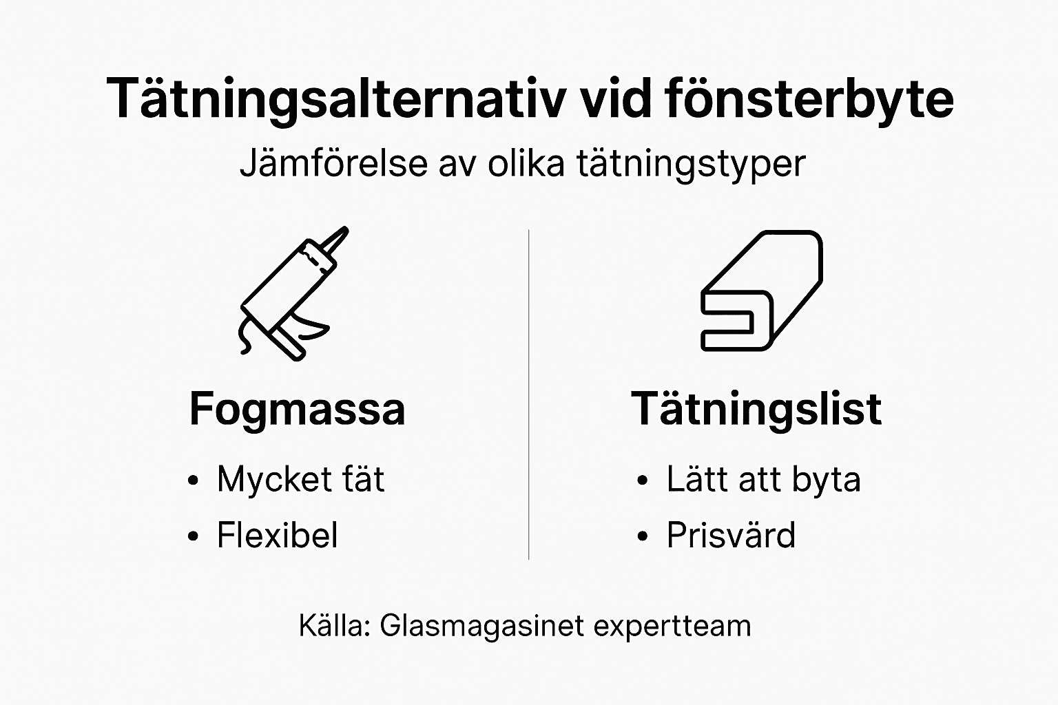 Illustration: Olika typer av tätningar vid byte av fönsterglas