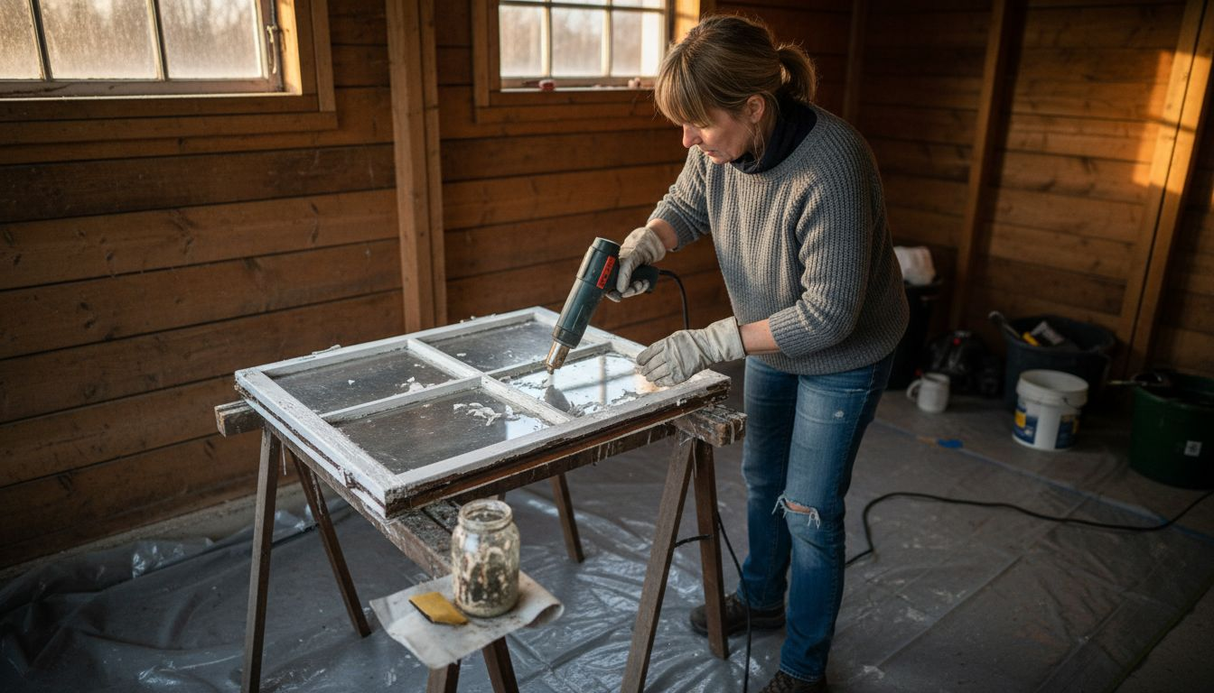 En kvinna skrapar bort gammal färg och kitt från ett fönster.