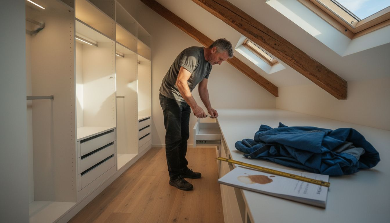 En snickare sätter in smart och skräddarsydd förvaring i garderoben.