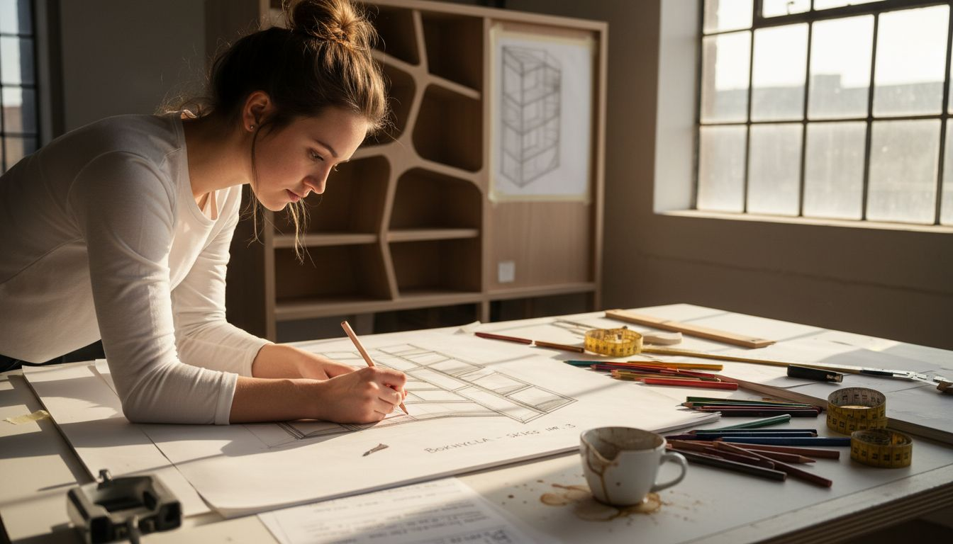 En designer sitter i studion och ritar upp en platsbyggd bokhylla.