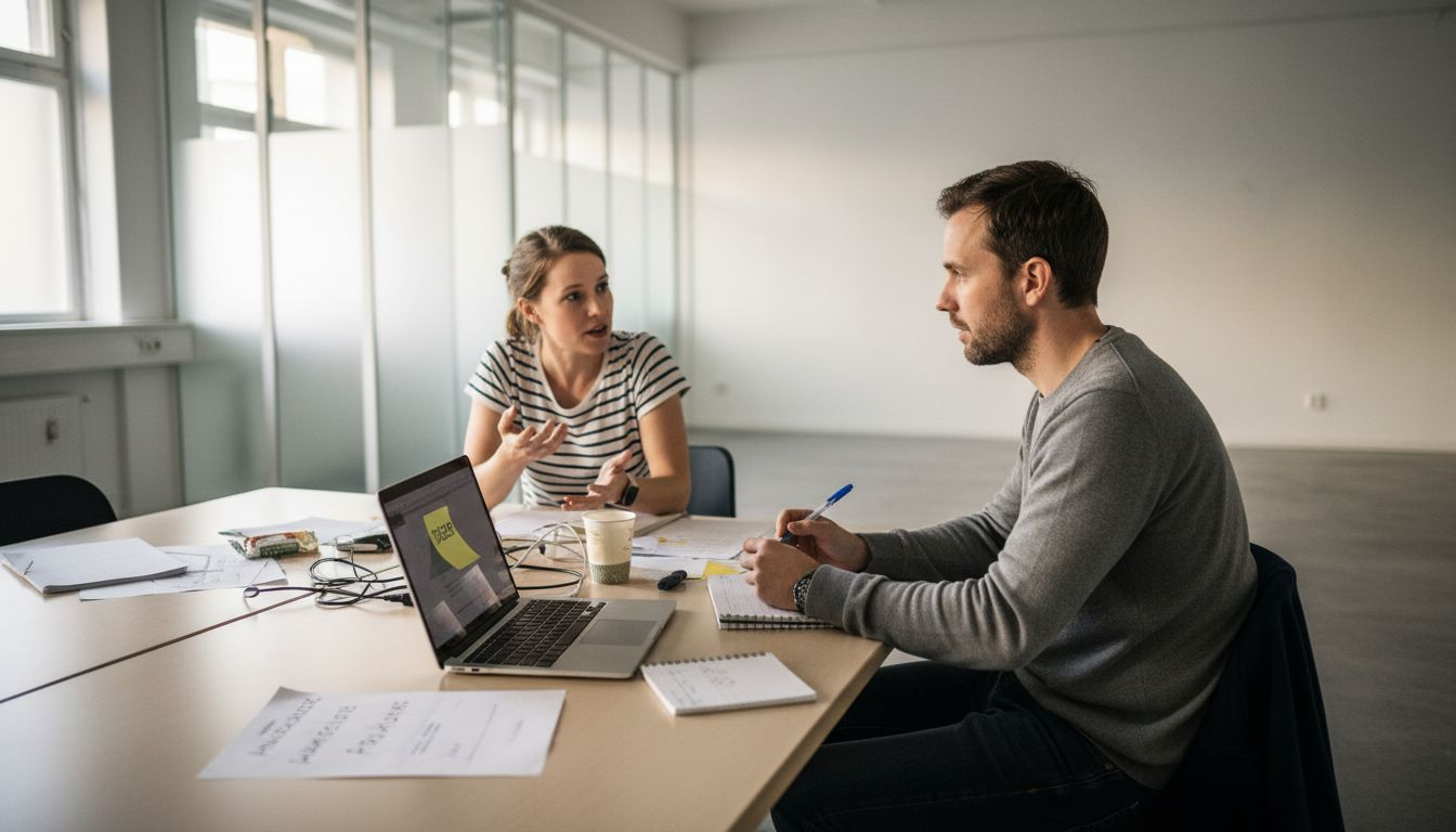 En UX-forskare sitter ner och samtalar med en användare vid ett bord.