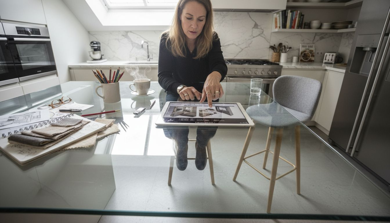 En inredningsdesigner presenterar sina ritningar i ett modernt kök.