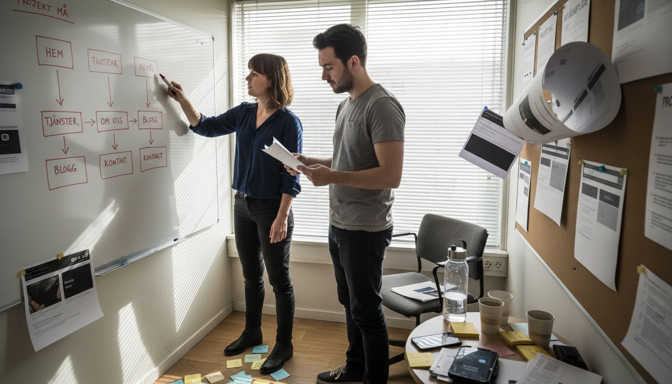 Två kollegor sitter tillsammans och skissar upp strukturen för en ny webbplats.