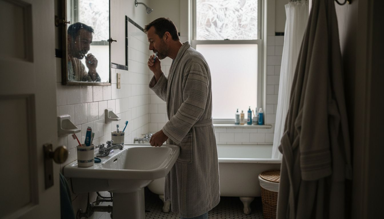 En man står vid handfatet bredvid ett frostigt badrumsfönster.