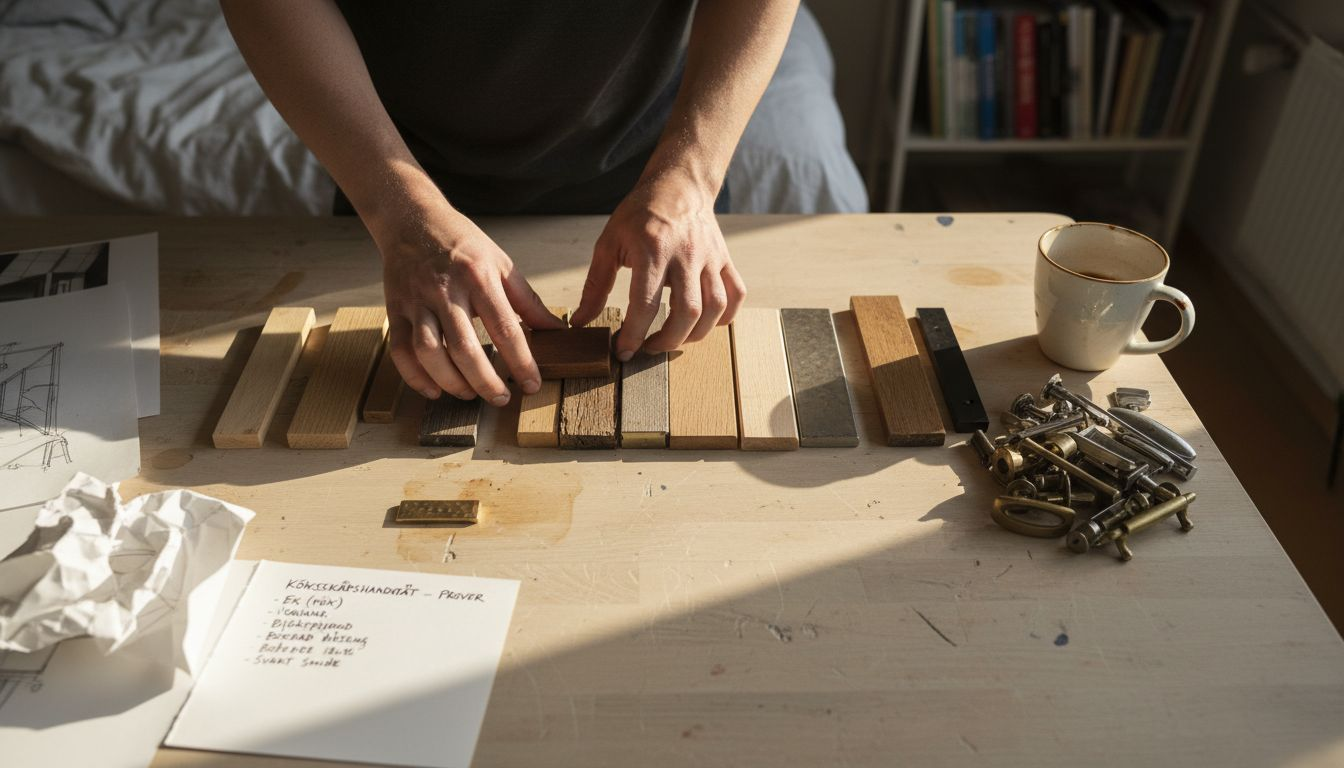 Händer som noggrant känner på material av trä och metall till garderoben