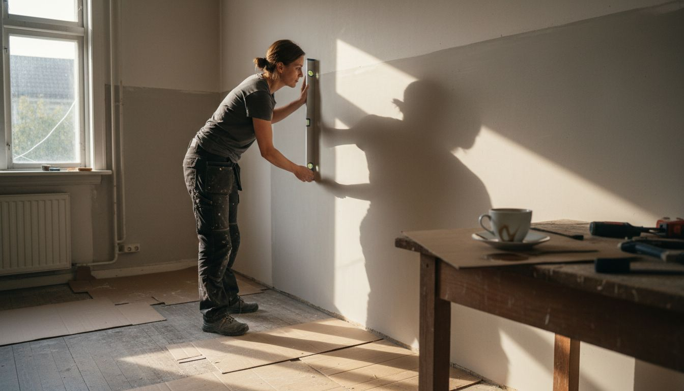 Inför köksrenoveringen går kvinnan igenom väggarna för att se vad som behöver göras.