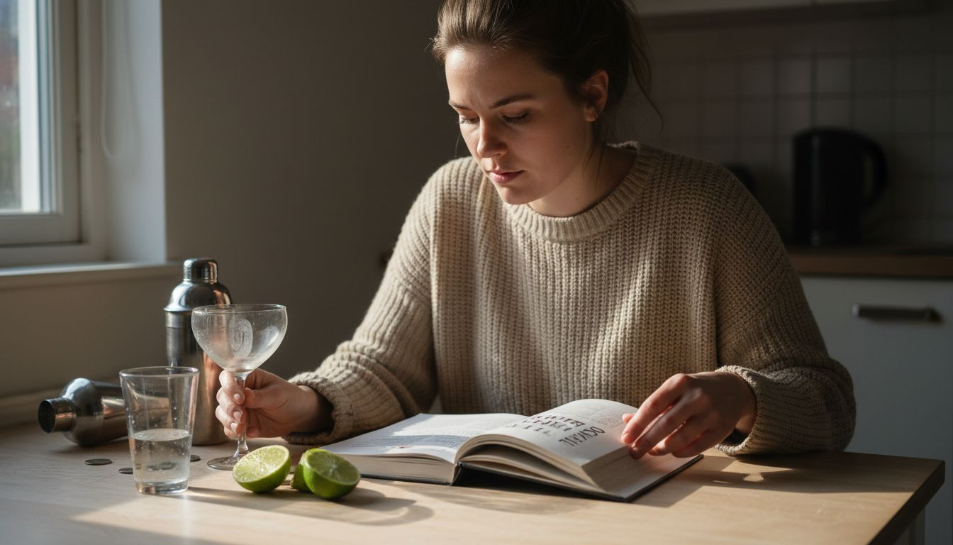 En kvinna bläddrar igenom drinkrecept hemma i köket.