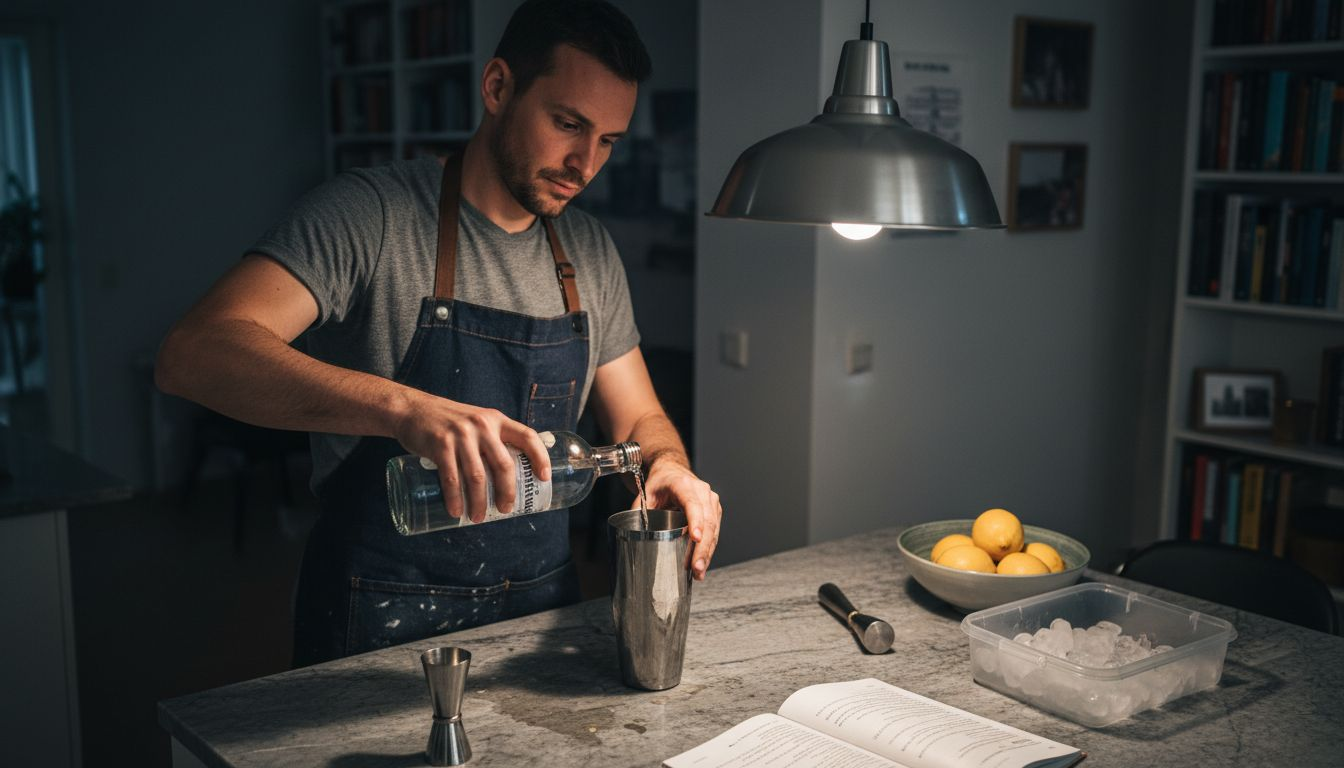 Man står vid köksön och svänger ihop några goda drinkar hemma.