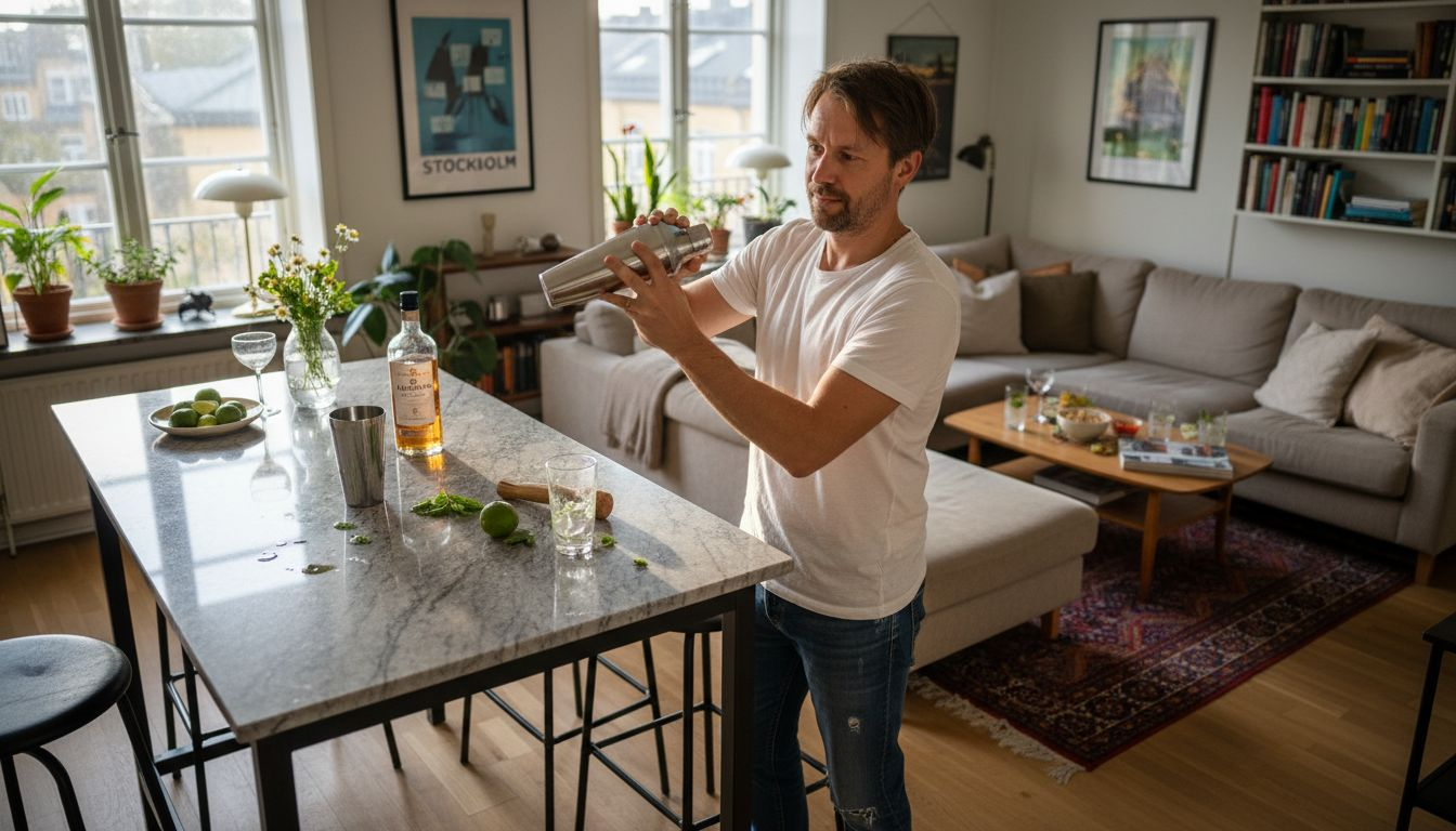 Man står och fixar en drink vid hemmabaren i vardagsrummet.