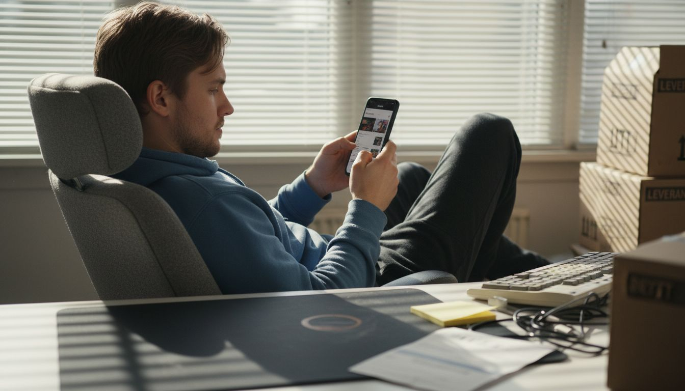 Man sitter vid sitt stökiga skrivbord och shoppar på mobilen