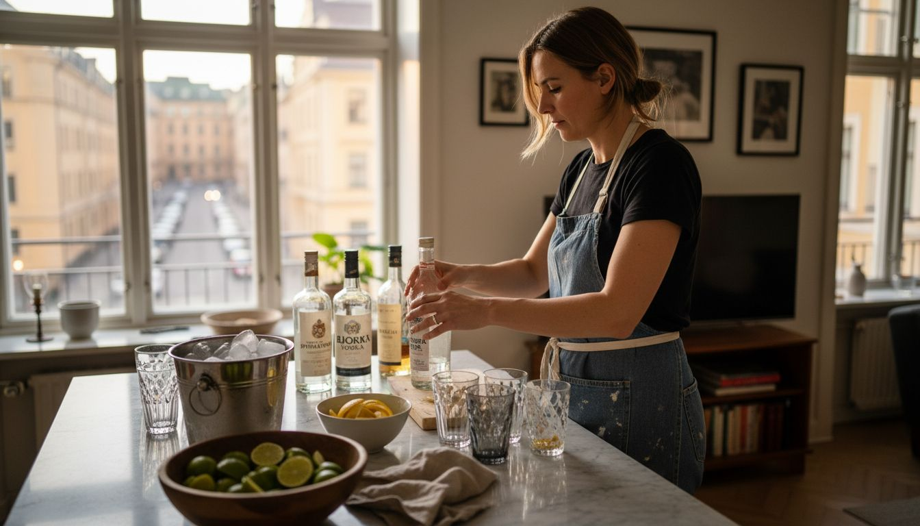 En kvinna står vid köksön hemma och fixar i ordning några drinkar.