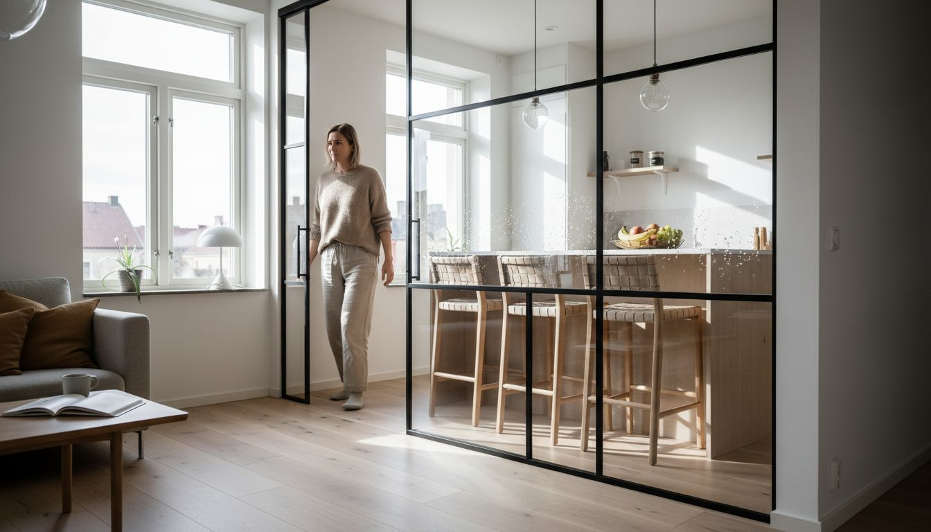 En glasvägg delar av mellan kök och vardagsrum i lägenheten och skapar både rymd och en tydlig gräns.