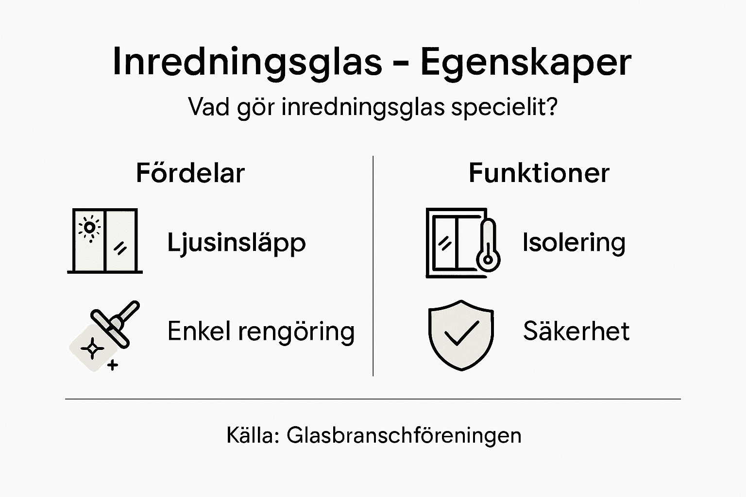 Grafisk översikt över vad inredningsglas kan erbjuda – egenskaper, användningsområden och smarta funktioner.