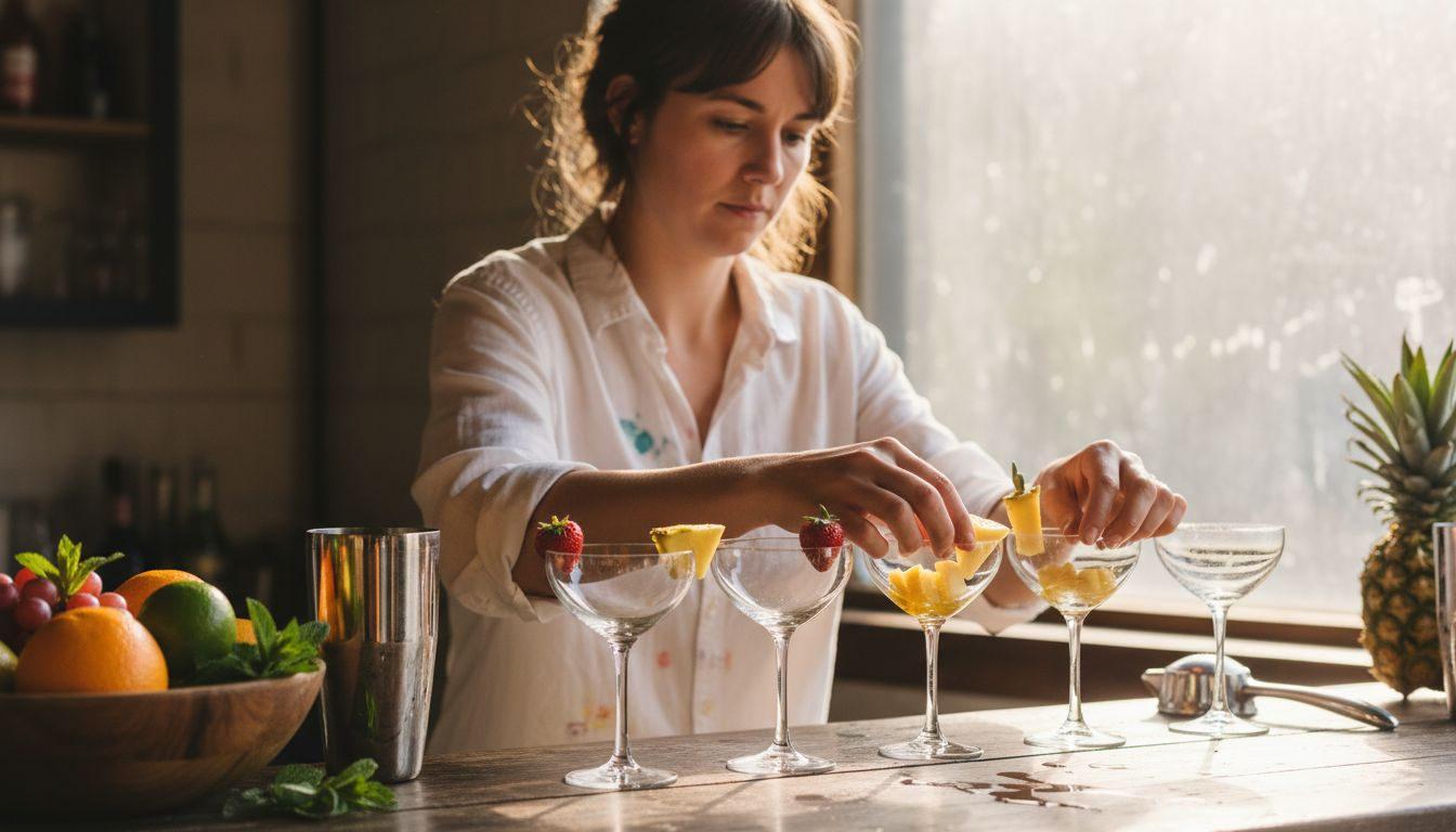 En bartender står bakom bardisken och blandar fräscha fruktiga drinkar.
