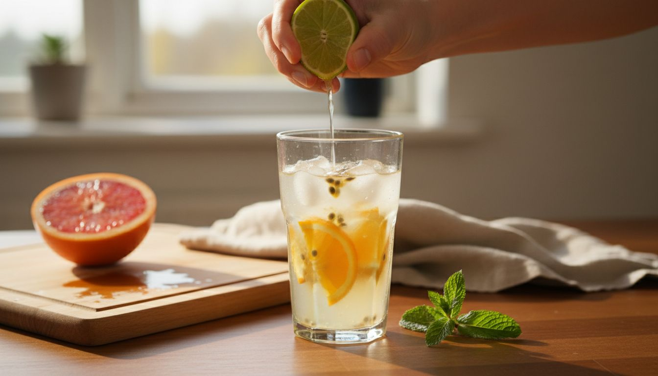 Närbild på hur citrusfrukter pressas ner i en fräsch fruktdryck