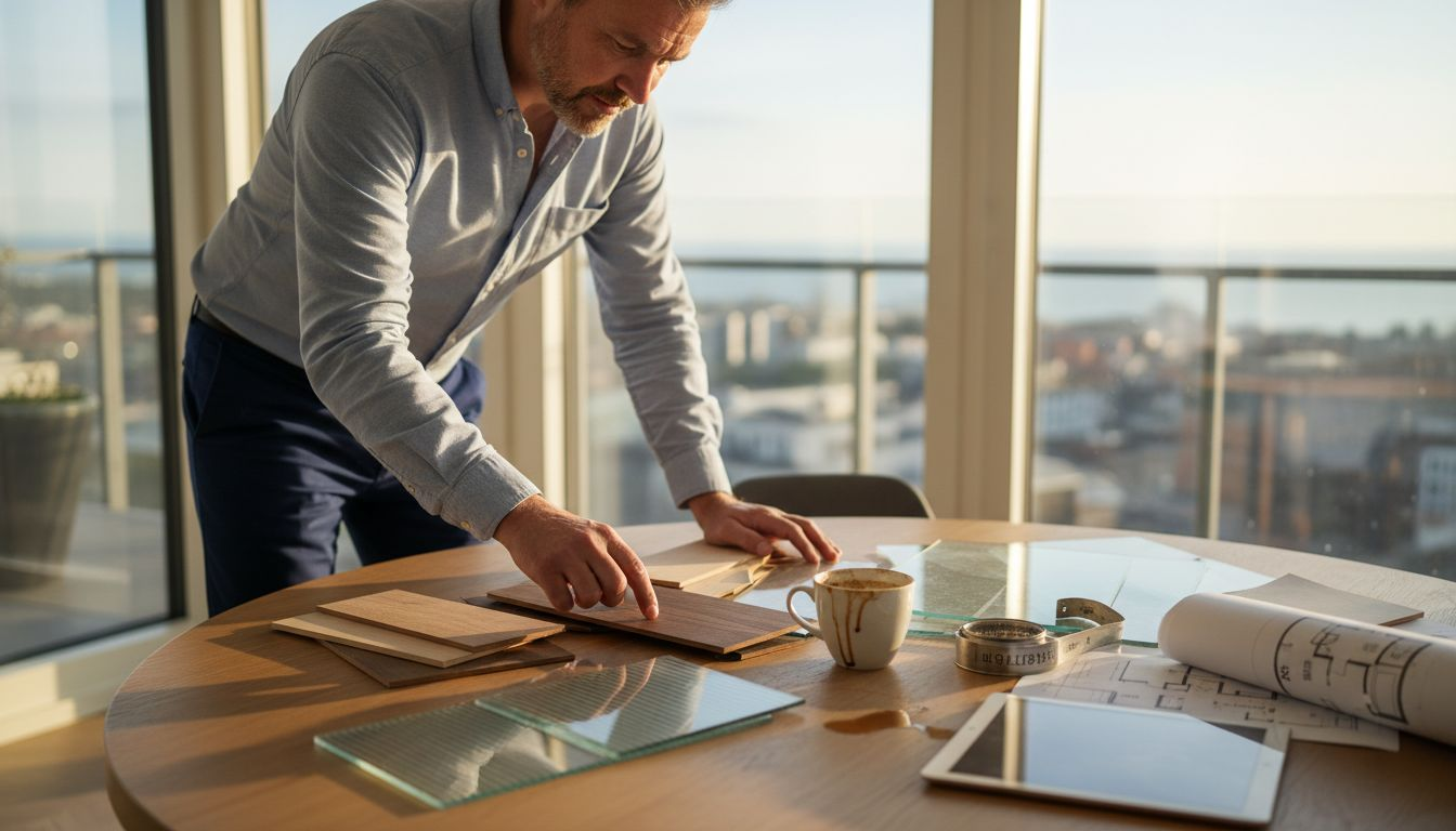 En man jämför olika prover på förvaringsmaterial