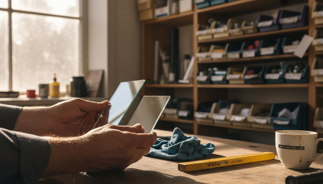 En person står och jämför olika tjocklekar på spegelglas för att hitta det som passar bäst.