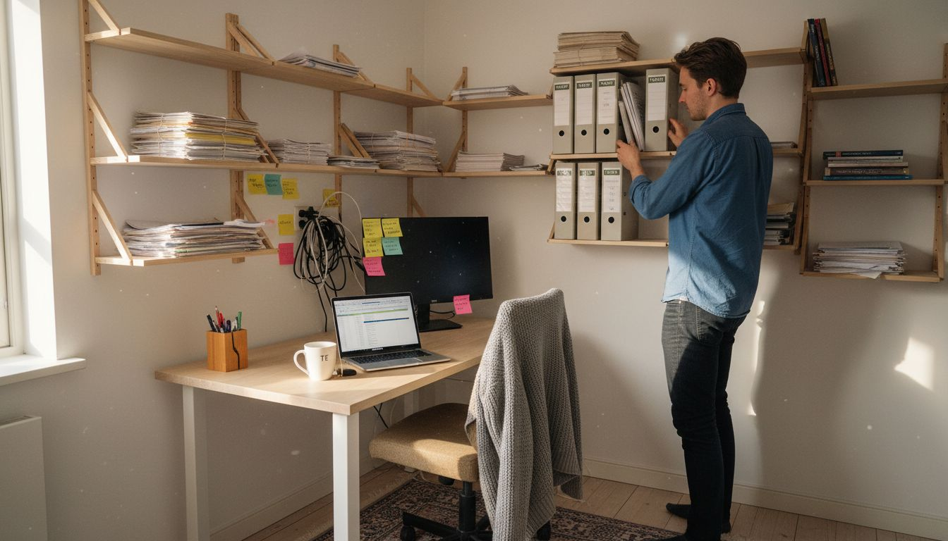 En man står och organiserar pärmar och dokument på ett flexibelt hyllsystem.